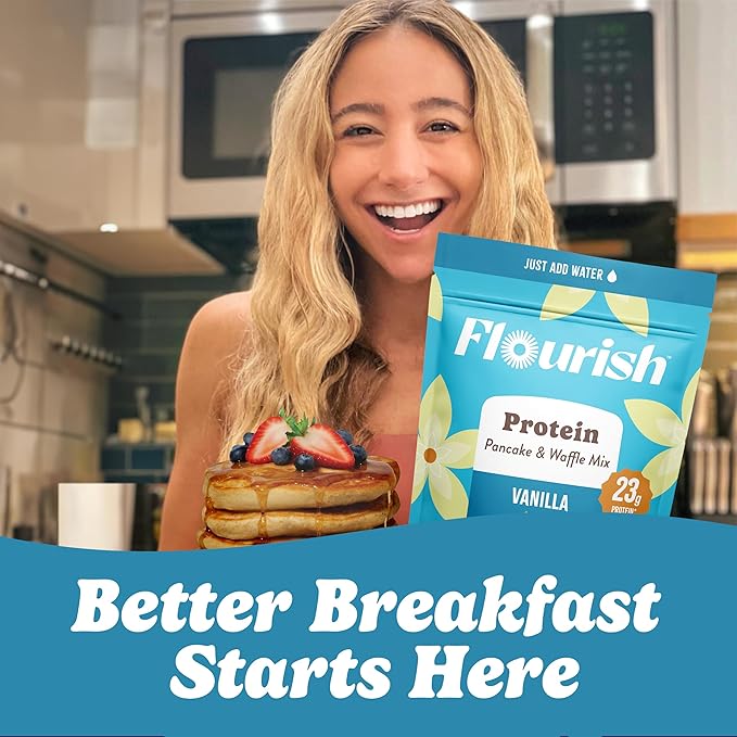 Flourish Protein Pancake & Waffle Mix, with Whey Protein & Flax Seed, No Added Sugar, High in Protein & Fiber - Just Add Water - Vanilla Flavour, 430g (3 Pack) - Made in Canada