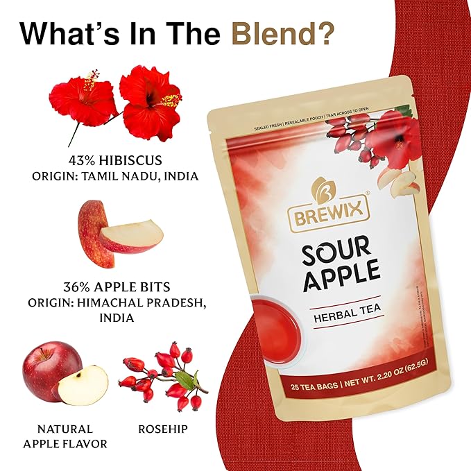 BREWIX, Sour Apple Hibiscus Tea Bags (25 Pyramid Tea Bags) Caffeine-Free Herbal Tea | Apple, Hibiscus, Rosehip | Refreshing Wellness Brew for Any Mood | Hot or Iced Refreshment