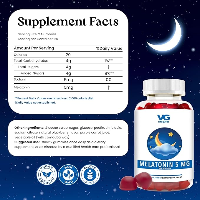 VITA GLOBE Melatonin Gummies 5mg, Sleep Aid Gummies, Sugar Free- Non-GMO, Vegan and Sleep Aid Supplement, Supports Relaxation & Healthy Sleep Cycle, 50 Count Sleep Aid Gummy (Pack of 2)