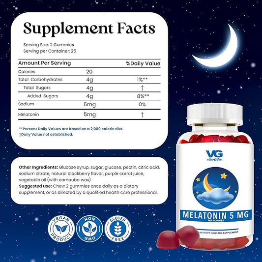 VITA Globe Melatonin Gummies 5mg, Sleep Aid Gummies, Sugar Free- Non-GMO, Vegan and Sleep Aid Supplement, Supports Relaxation & Healthy Sleep Cycle, 60 Count Sleep Aid Gummy (Pack of 1)