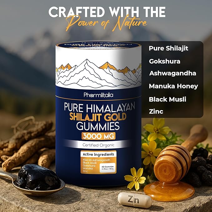 Shilajit Gummies - Himalayan Natural Shilajit Gummies 3000mg - Zinc, Ashwagandha - Natural - No Added Sugar - 60 Count