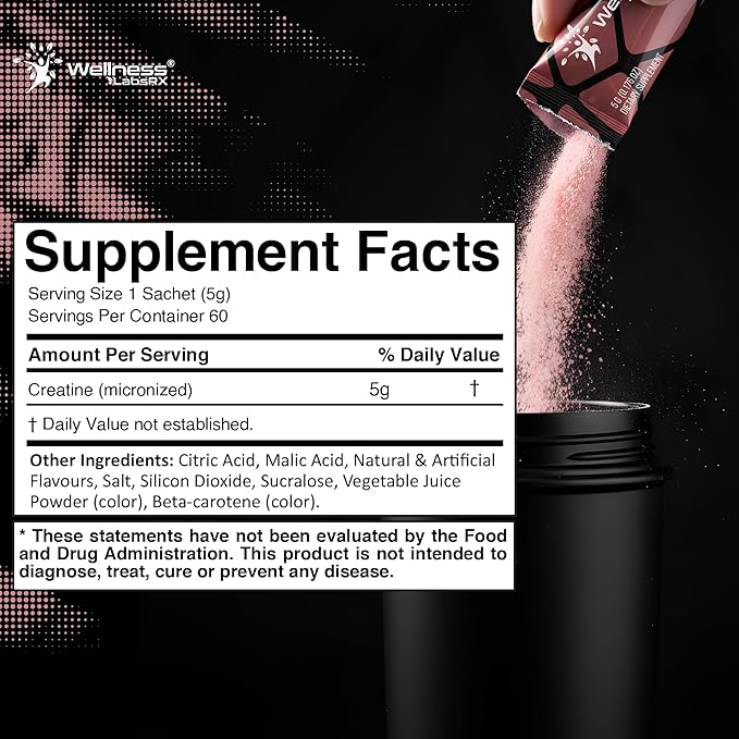 WELLNESS LABSRX Creatine Monohydrate Powder Sachets 300g – Peach Flavor Micronized Creatine Powder Supplement, Creatine for Women and Men, Supports Muscle Strength, Energy, Performance - 60 Servings