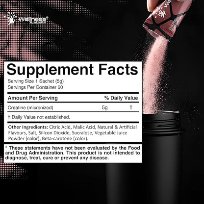 WELLNESS LABSRX Creatine Monohydrate Powder Sachets 300g – Peach Flavor Micronized Creatine Powder Supplement, Creatine for Women and Men, Supports Muscle Strength, Energy, Performance - 60 Servings
