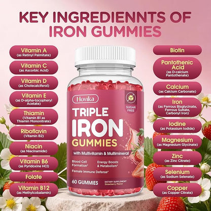 Iron Gummies for Women, Triple Iron Supplement with Multivitamin Iron Gummies with Vitamin C, A, B, Folate, Copper, Zinc for Energy & Blood Support, Immune Health, Vegan, Strawberry Flavor, 60 Counts