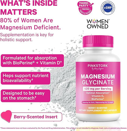 Pink Stork Magnesium Glycinate with Vitamin D - Magnesium Supplement for Women to Support Natural Calm, Mood, and Sleep - Hormone Balance for Women - 60 Capsules, Berry Essence, 1 Month Supply