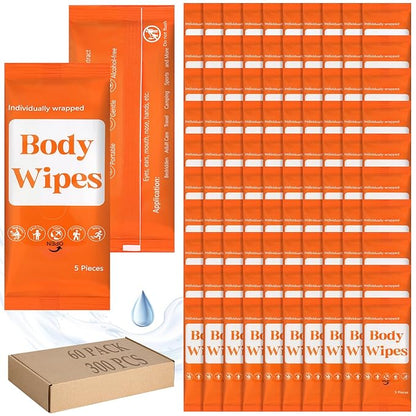 300 Pcs 60 Pack Body Wipes for Adults Bathing No Rinse Individually Wrapped Shower Wipes Washcloth with Aloe Cleansing Body Wash Cloths Disposable Bulk Deodorant Homeless(Orange Background)