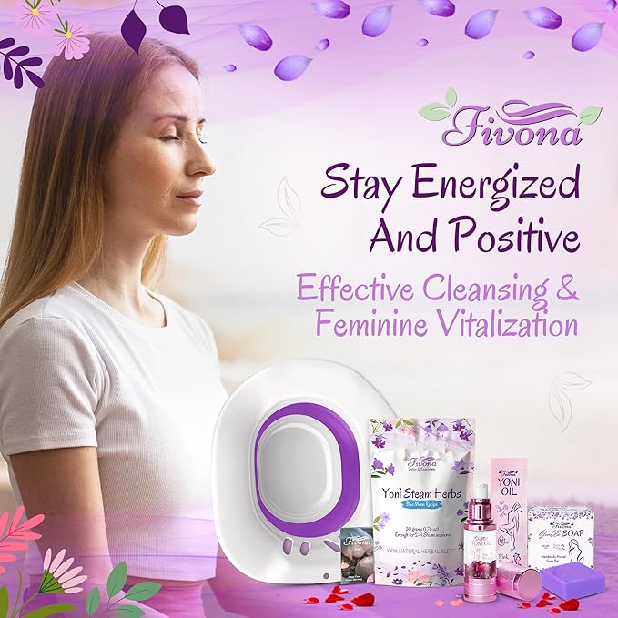 Fivona Yoni Care Kit 4 in 1 - pH Balanced Natural Yoni Oil, Herbal Bar Soap for Feminine V Wash, Detox V Stream Herbs Sunrise, Foldable Sitz Bath Steam Pot