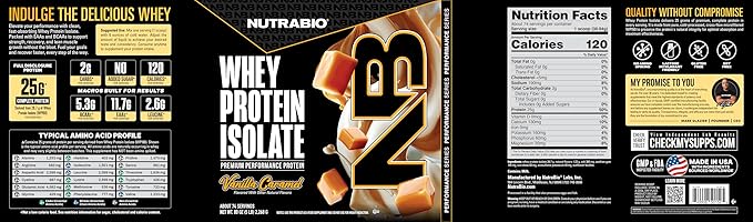 NutraBio 100% Whey Protein Isolate Protein Powder, 25g Protein with Complete Amino Acid Profile, Non-GMO, Soy & Gluten Free, Low Carb, Low Calorie Whey Protein Powder, Vanilla Caramel, 5 Lbs