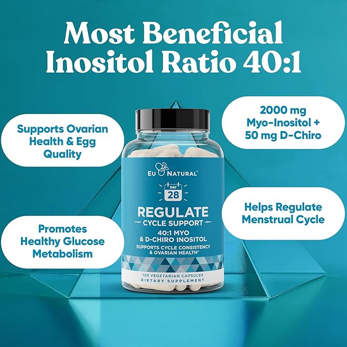 Regulate Cycle Support – Hormone Balance for Women at Optimal 40:1 Myo-Inositol 2000 mg & D-Chiro Inositol 50 mg – Supplement for Period Consistency, Menstrual & Ovulation Support – 120 Vegan Capsules