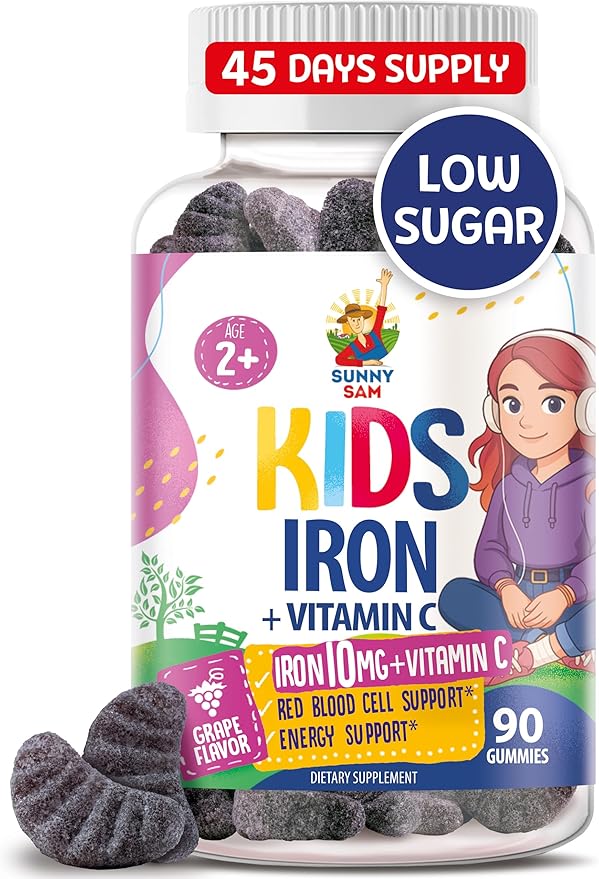 SUNNY SAM Iron Gummies for Kids & Teens - 10mg Iron Vitamins with Vitamin C - Low-Sugar Chewable Gummy Supplement for Immune Support, Supports Red Blood Cell Production for Children & Teen Girls