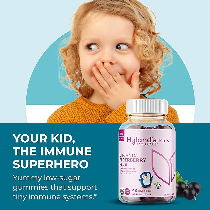 Hyland's Kids Organic Elderberry Plus Gummies, Organic Black Elderberry with ZINC and Vitamin C, Immune Support for Children, 48 Vegan Gummies (Pack of 2)