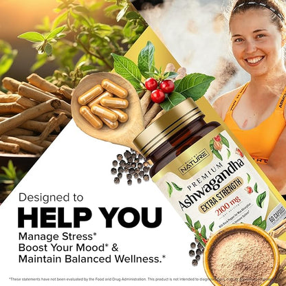 Built by Nature Ashwagandha 2100mg Extra Strength Stress Relief & Mood Support with Black Pepper Extract for Max Absorption - Non-GMO, Vegan, Gluten-Free - 60 Capsules