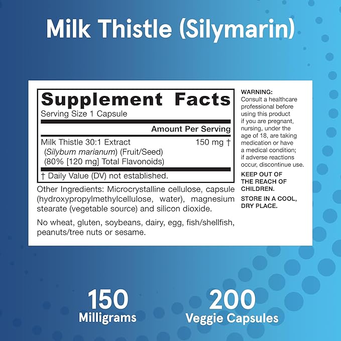 Jarrow Formulas Milk Thistle Supplement 150 mg 30:1 Milk Thistle Extract Standardized to 80% Total Flavonoids,Dietary Supplement for Liver Function Support, 200 Veggie Capsules for 200 Day,(Pack of 2)