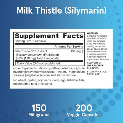 Jarrow Formulas Milk Thistle Supplement 150 mg 30:1 Milk Thistle Extract Standardized to 80% Total Flavonoids,Dietary Supplement for Liver Function Support, 200 Veggie Capsules for 200 Day,(Pack of 2)