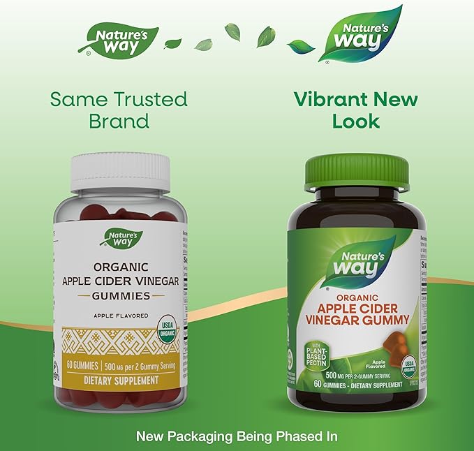 Nature’s Way Organic Apple Cider Vinegar Gummies, 500 mg Organic Apple Cider Vinegar per 2-Gummy Serving, Apple Flavored, 60 Gummies (Packaging May Vary)
