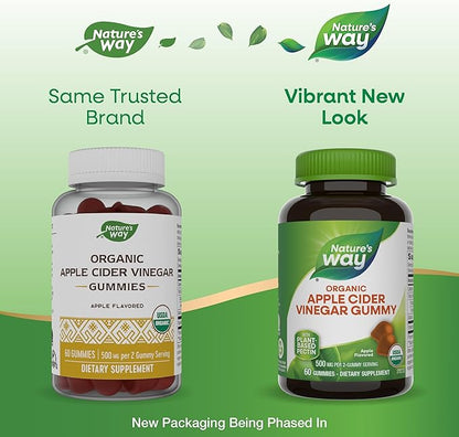 Nature’s Way Organic Apple Cider Vinegar Gummies, 500 mg Organic Apple Cider Vinegar per 2-Gummy Serving, Apple Flavored, 60 Gummies (Packaging May Vary)