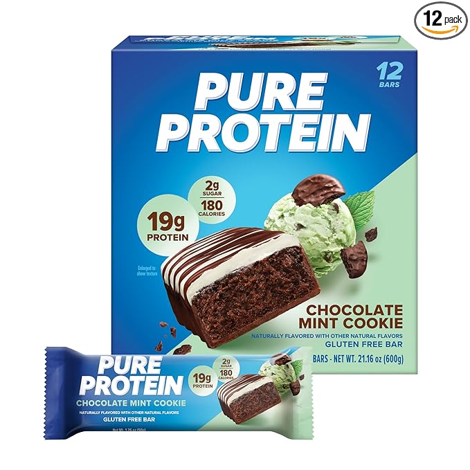 Pure Protein Chocolate Mint Cookie Protein Bars – 20g Protein, 3g Sugar, 190 Calories (12 count) Low Sugar* High Protein Snack - Gluten Free - Perfect for a Healthy Snack