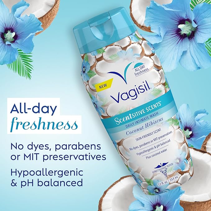 Vagisil Feminine Wash for Intimate Area Hygiene, Scentsitive Scents, pH Balanced and Gynecologist Tested, Coconut Hibiscus, 12 oz (Pack of 3)