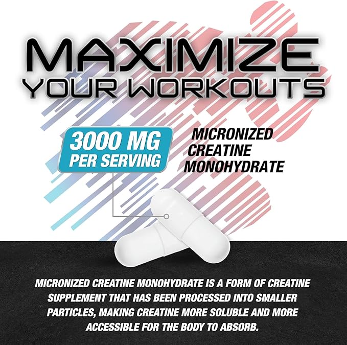 Creatine Monohydrate 3000mg Per Serving - 3X Strength Micronized Creatine Powder - Supports Lean Muscle, Strength, Energy, & Endurance - All Natural Supplement, Non-GMO, Bottled in USA - 60 Capsules