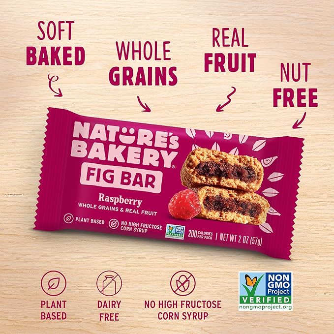 Nature’s Bakery Whole Wheat Fig Bars, Raspberry, Real Fruit, Vegan, Non-GMO, Snack bar, 6 Count (Pack of 6)