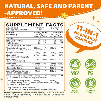 Magnesium Glycinate Gummies for Kids, Brain Supplement for Memory and Focus with Phosphatidylserine, L-Theanine, Zinc for Kids & Adults Sleep Cognition Calm, Strawberry & Banana Flavor 60ct