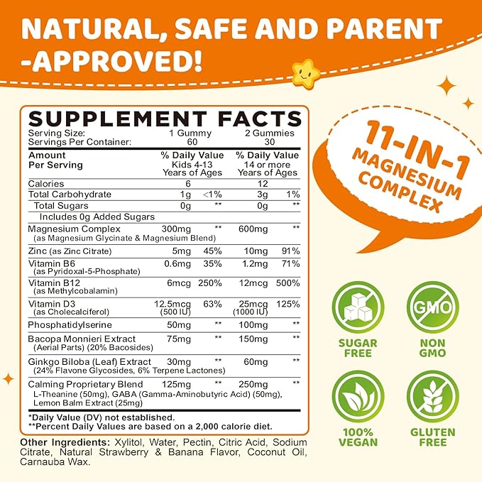 Magnesium Glycinate Gummies for Kids, Brain Supplement for Memory and Focus with Phosphatidylserine, L-Theanine, Zinc for Kids & Adults Sleep Cognition Calm, Strawberry & Banana Flavor 120ct