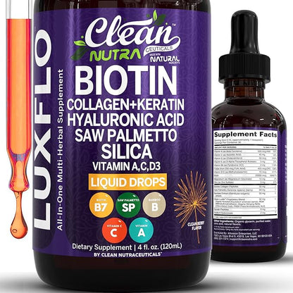 Liquid Biotin & Collagen Keratin Hyaluronic Acid Saw Palmetto Drops Vitamins for Hair Growth Support Silica Vitamin A C D Bamboo Turmeric Zinc Folate Magnesium Horsetail LuxFlo By Clean Nutra