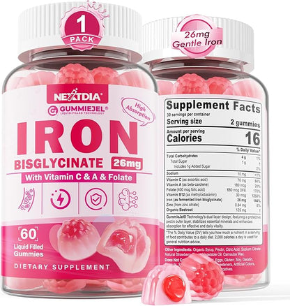 Iron Gummies for Women & Men, Iron Bisglycinate Gummies 26mg, Plus Vitamin C, Folate, Beet Root, B12 & Zinc,High Absorption Iron Supplement for Iron Deficiency, Immune & Energy Boost, Sugar-Free 60Cts
