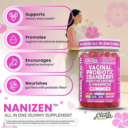 Clean Nutra Vaginal Probiotic Gummies for Women Cranberry Digestive Enzymes D Mannose Womens Probiotic Dmannose Horsetail Bromelain Chicory Fiber Feminine Care Prebiotics Inulin Papaya Enzyme Gummy