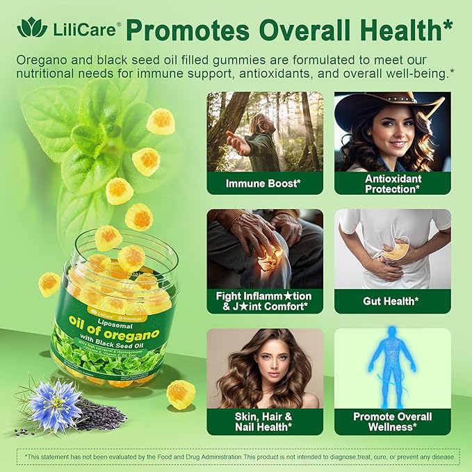 Oil of Oregano with Black Seed Oil Filled Gummies - 2 Months Supply - Aceite De Oregano Capsulas Alternative, Carvacrol & Thymoquinone with VE, VC, D3, Zinc, Liposomal Form, Sugar Free, Berry Flavor