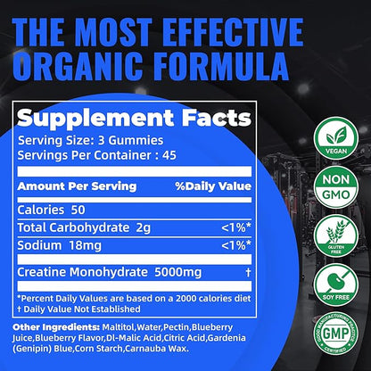 Natures Aid Creatine Monohydrate Gummies (5g) – Pre-Workout Energy & Muscle Growth Support for Men & Women | Blueberry Electrolyte Gummies (135 Count)