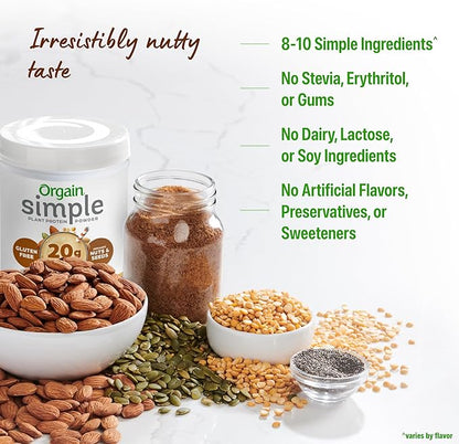 Orgain Organic Simple Vegan Protein Powder, Peanut Butter - 20g Plant Based Protein, With less Ingredients, No Artificial Sweeteners, Gluten Free, No Dairy or Lactose, 1.25 lb (Packaging May Vary)