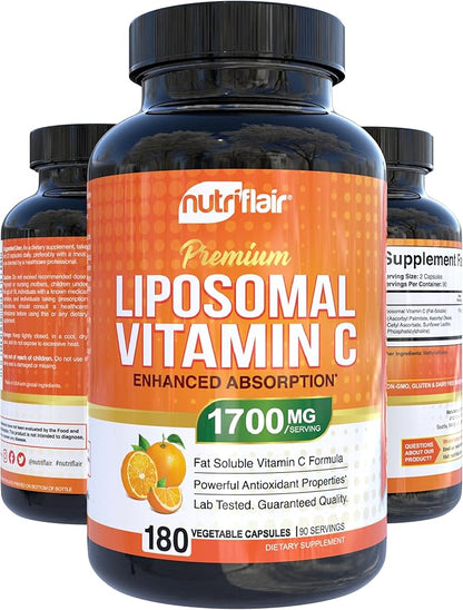 NutriFlair Liposomal Vitamin C 1700mg, 180 Capsules - High Absorption, Fat Soluble VIT C, Higher Bioavailability Immune System Support & Collagen Booster, Non-GMO, Vegan Pills
