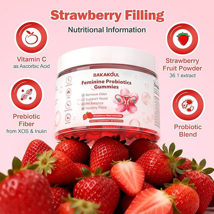 Feminine Balance Gummies for Women,Vaginal Probiotics Supports pH Balance, Digestive Health,Vegan,Gluten-Free, Strawberry Flavor with Filled,60 Gummies