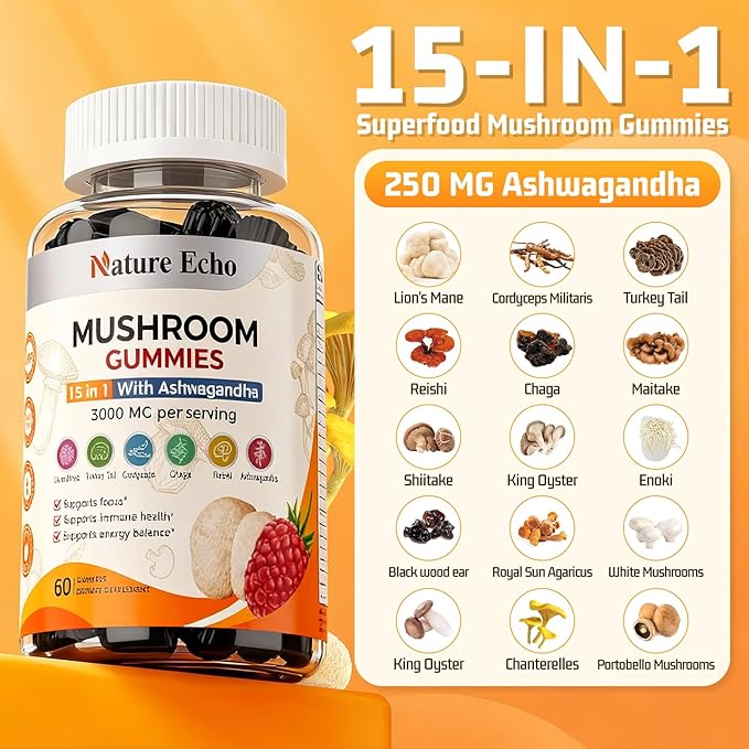15 in 1 Mushroom Complex Gummies & Ashwagandha Gummies 3000 mg - Lions Mane, Reishi, Turkey Tail & More | Mushroom Supplement for Cognitive Function, Focus & Memory | Raspberry Gummies| Sugar-Free