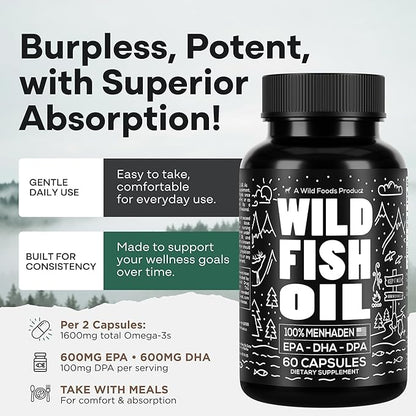 Wild Foods Fish Oil Omega 3 Supplements | 1600 mg | Highly-Potent: DPA, DHA, EPA | Burpless, Odorless, Non-GMO, Gluten Free | For Brain & Heart Health, Joint Support | 60 Capsules (1 pk) | 30 Servings