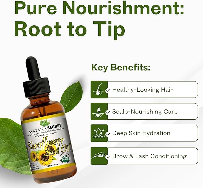 Mayan’s Secret Organic Sunflower Oil – Cold Pressed, Unrefined, High Oleic, Lightweight Moisturizing Sun Flower Oil for Face, Skin & Hair, USDA Certified Organic, 4oz Amber Glass Bottle with Dropper