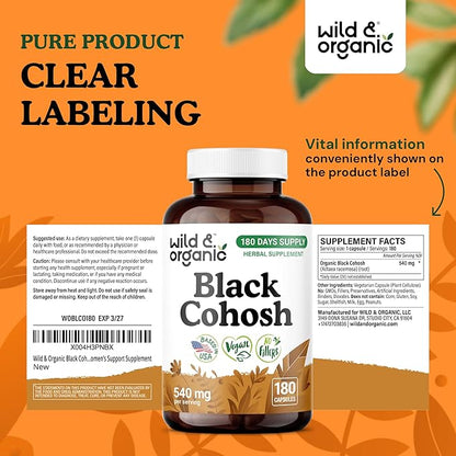 Wild & Organic Black Cohosh Capsules 540 mg - Menopause Supplements for Women - Black Cohosh for Women - Actaea Racemosa Herb - 180 Days of Supply - Vegan, No Fillers, Non-GMO - 180 Count