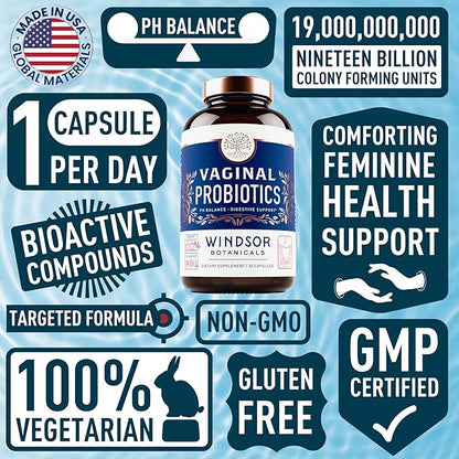 Vaginal Probiotics for Women - 19Bil CFU,15-Strain Lactobacillus Probiotic for PH Balance, Urinary Tract Support, Odor & Yeast Health - Balance Complex for Women BV Support Supplements - 30 Vegan Caps