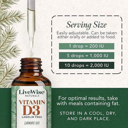 Live Wise Naturals Vitamin D3 1000 IU, 25 MCG Drops - 150 Servings, Ultra Concentrated Formulation, Fast Absorption, Vegan, Organic MCT Oil Formula - Micro-Dosing Dropper for Bone & Immune Support