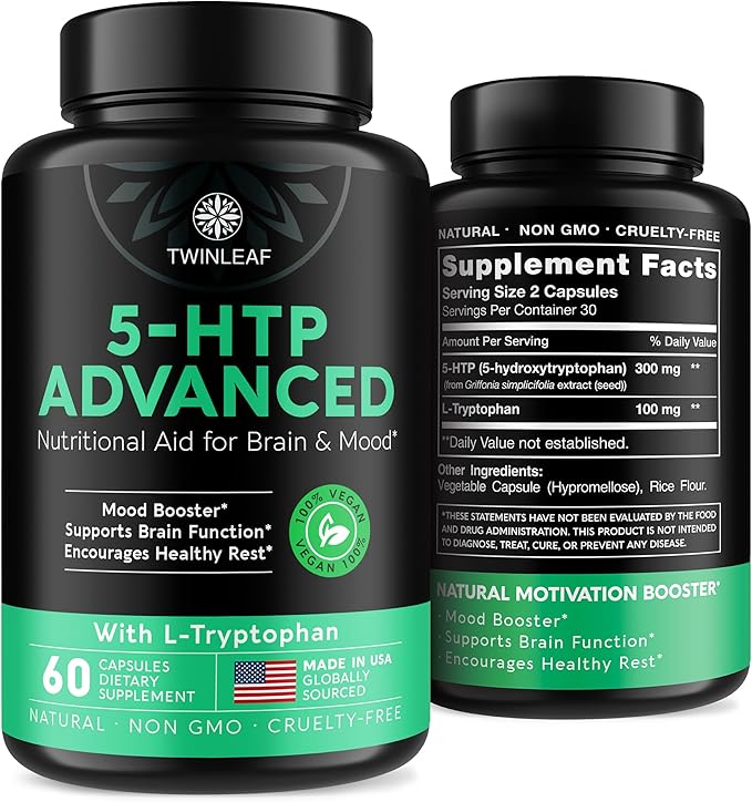 5 HTP Supplement for Mood Support - Made in USA - Natural Manganese & L-tryptophan Capsules - 5-HTP Booster for Men & Women - Proprietary Formula for Mood and Relaxation - 60 Vegan Capsules