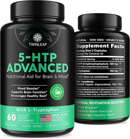 5 HTP Supplement for Mood Support - Made in USA - Natural Manganese & L-tryptophan Capsules - 5-HTP Booster for Men & Women - Proprietary Formula for Mood and Relaxation - 60 Vegan Capsules
