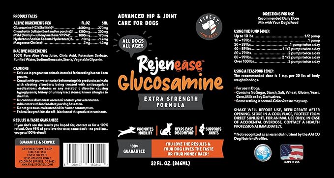 Liquid Glucosamine for Dogs with Chondroitin, MSM & Hyaluronic Acid (32oz). Hip & Joint Supplement Supports Better Mobility & Promotes New Cartilage. Eases Joint Stiffness. Rejenease, Made in USA