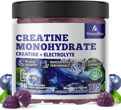 Creatine Monohydrate Gummies (5g) – Pre-Workout Energy & Muscle Growth Support for Men & Women | Blueberry Electrolyte Gummies (135 Count)