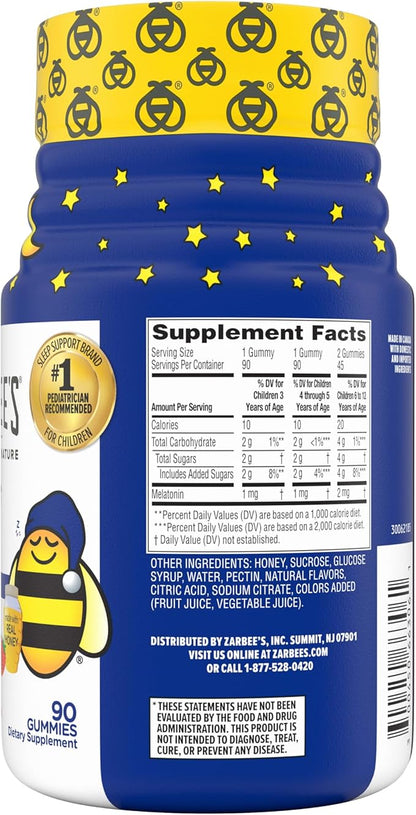 Zarbee's Kids Melatonin Gummies with 1mg Melatonin, Kids Sleep Gummy, Promotes Peaceful Sleep, Drug-Free, Non-Habit-Forming, Natural Strawberry, 90 ct