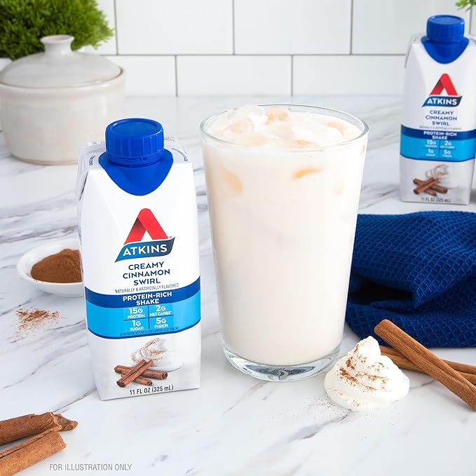Atkins Creamy Cinnamon Swirl High Protein Shake, 15g Protein, Keto Protein Shake, 2g Net Carb, 1g Sugar, Low Sugar and Low Carb, Breakfast Protein Shakes, 12 Count