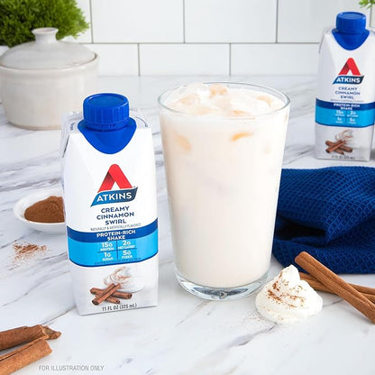 Atkins Creamy Cinnamon Swirl High Protein Shake, 15g Protein, Keto Protein Shake, 2g Net Carb, 1g Sugar, Low Sugar and Low Carb, Breakfast Protein Shakes, 12 Count