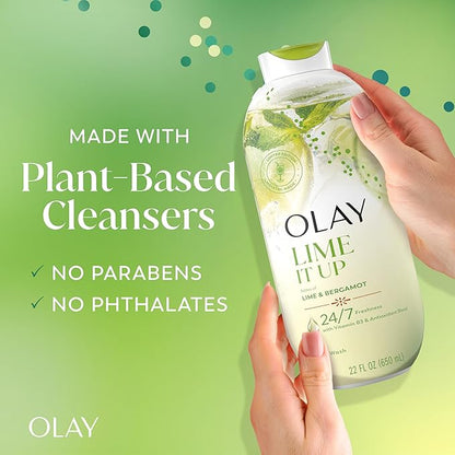 Olay Body Wash for Women, 24/7 Skin-Loving Freshness, Miami Mocktails, Plant Based Cleansers, Vitamin B3 & Antioxidant Blend, For All Skin Types, Lime It Up with Lime & Bergamot Scent, 22 fl oz