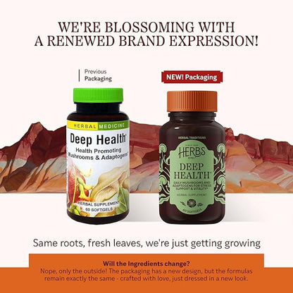 Herbs Etc. Deep Health - Daily Use Adaptogen Supplement - Aids Immune Health & Energy - with Reishi Mushroom - 60 Softgels (60 Servings)