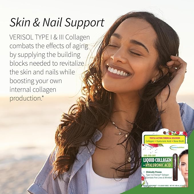 Applied Nutrition Liquid Collagen + Hyaluronic Acid - 10 Liquid Tubes, Pack of 2 - Skin & Nail Restoration - Mixed Berry Flavor - 20 Servings